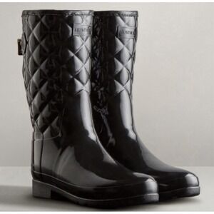 Hunter Refined Black‎ Gloss Quilted Short Rain Boots Women's US 5 EU 36 Pull On